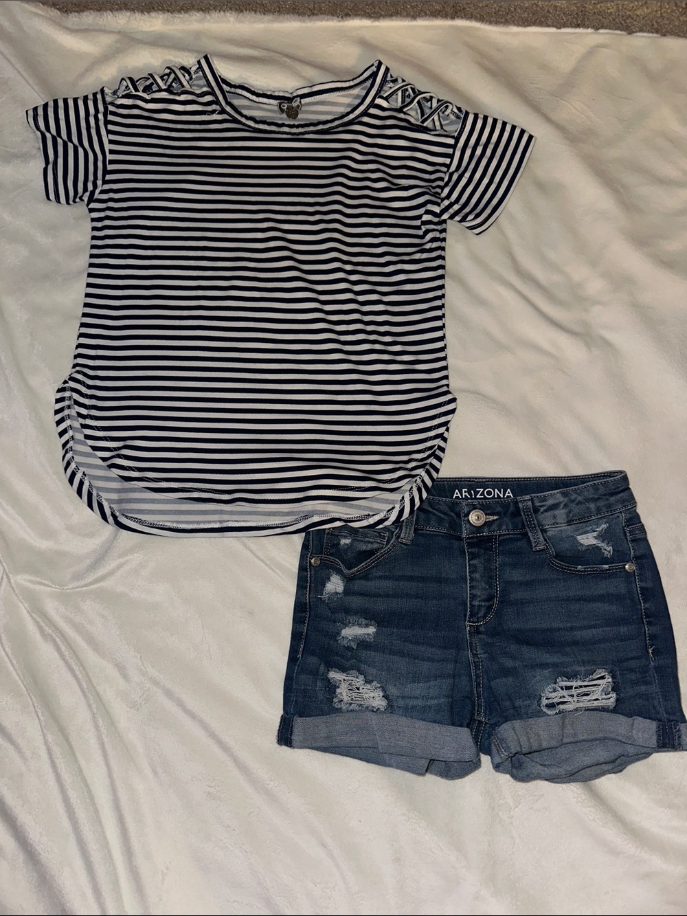 Striped Short Sleeve Top with Distressed Denim Shorts